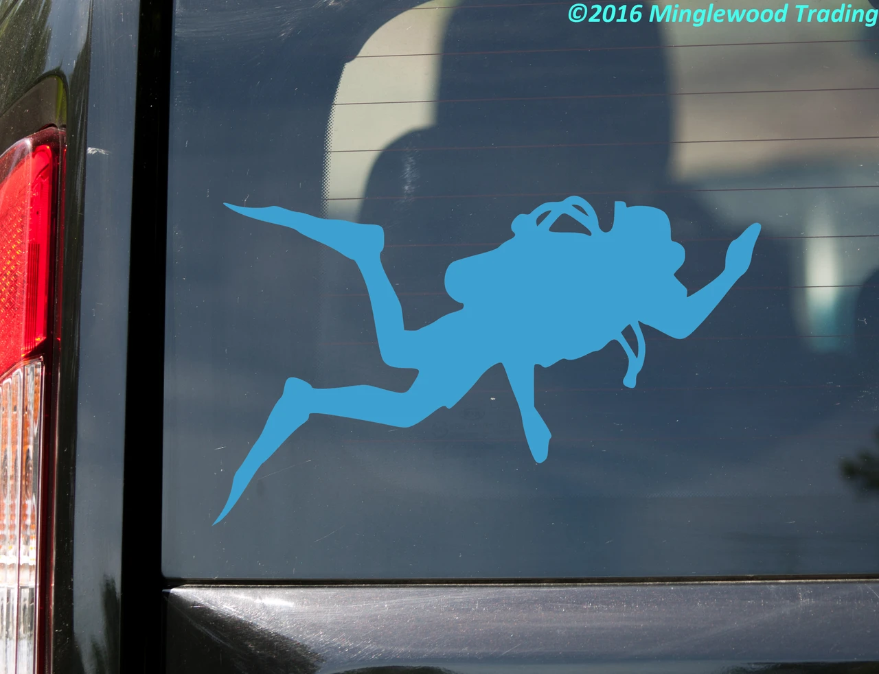 Scuba diver silhouette vinyl decal featuring an underwater swimmer with tank mask and fins
