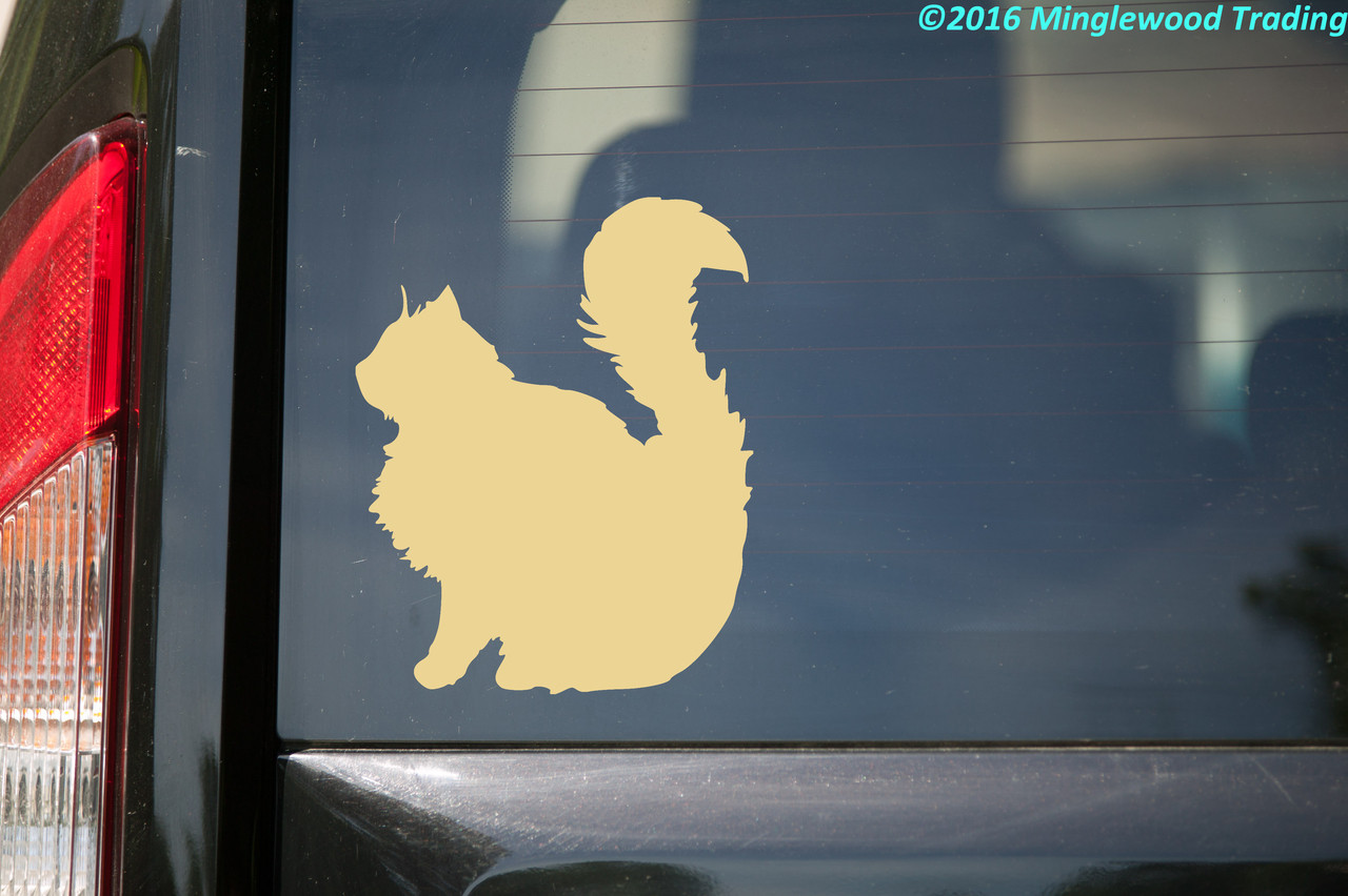 Sitting long hair cat vinyl decal with fluffy feline silhouette and raised tail