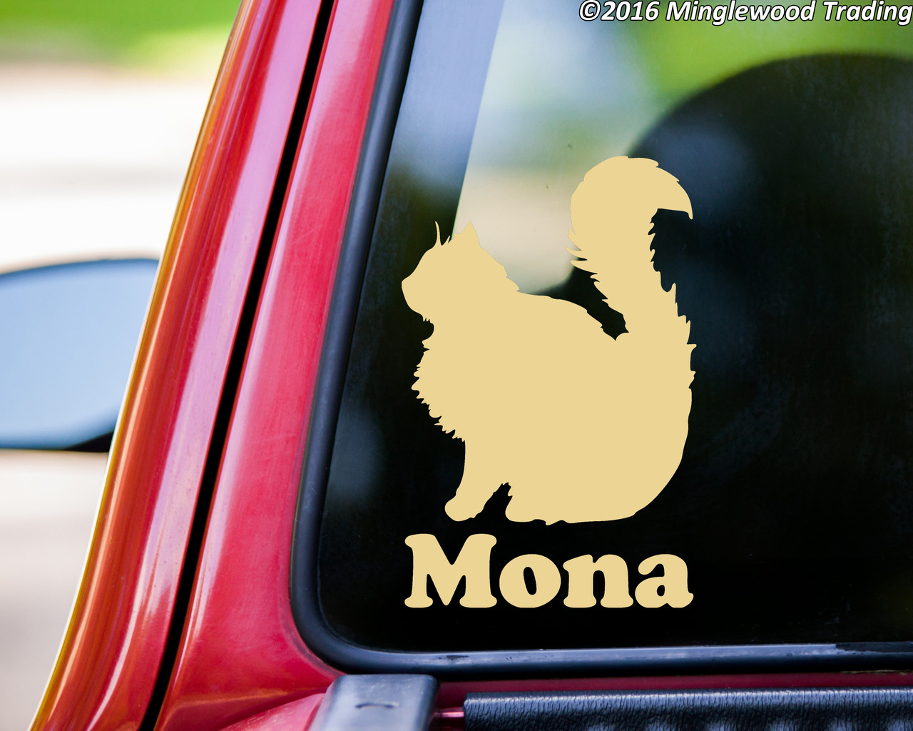 Long-Haired Cat Sitting vinyl decal sticker with Personalized Name 6" x 4" DLH Feline