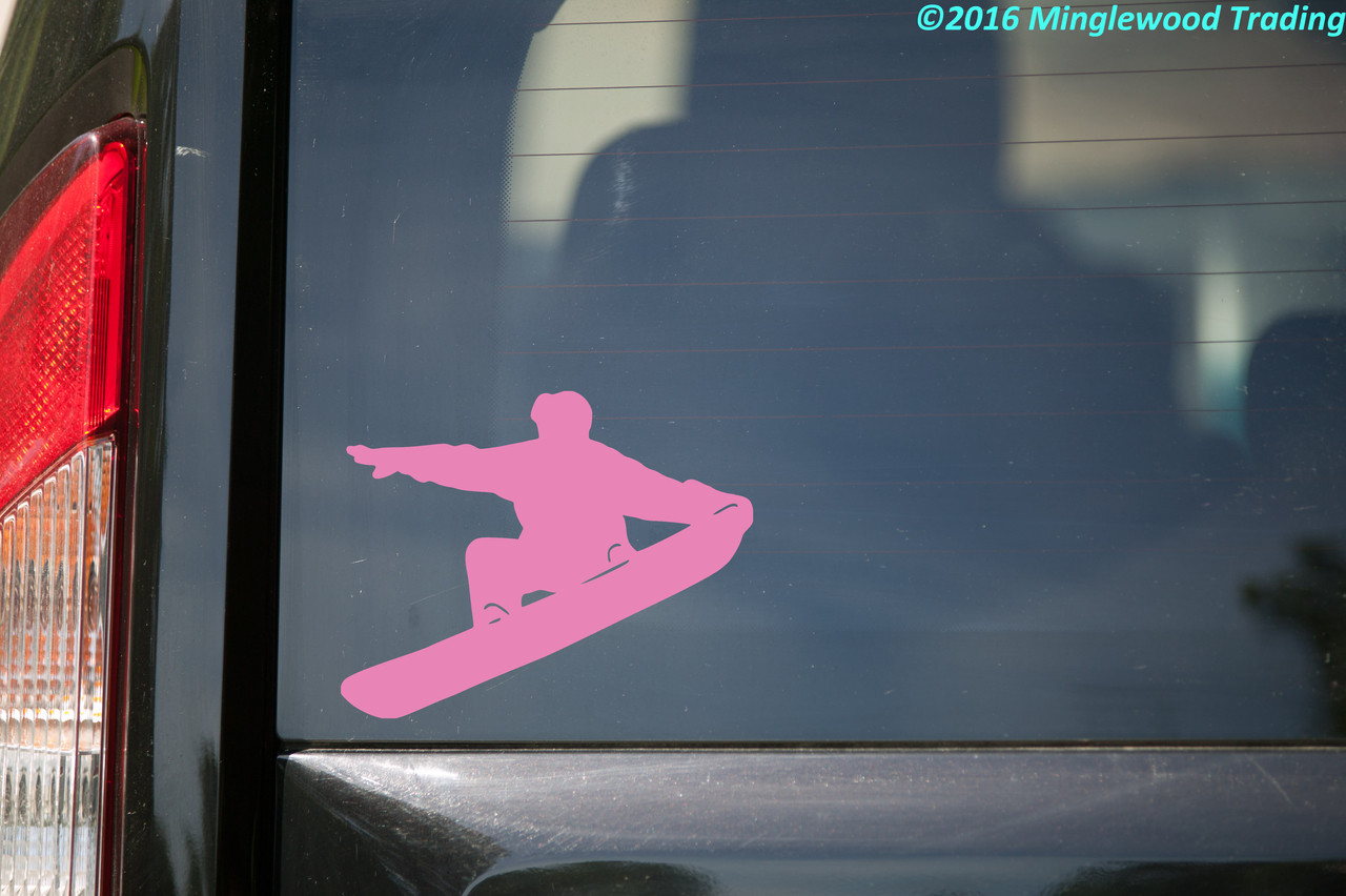 Snowboarder silhouette vinyl decal featuring a rider performing an aerial trick on a snowboard