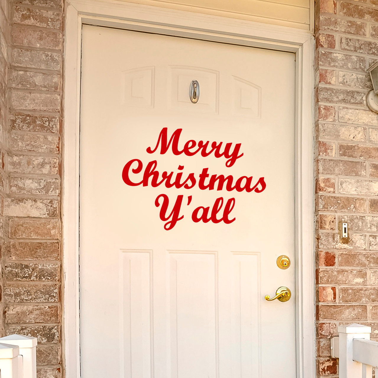 Merry Christmas Y'all, large vinyl door sticker used on home entrance to convey season's greetings.