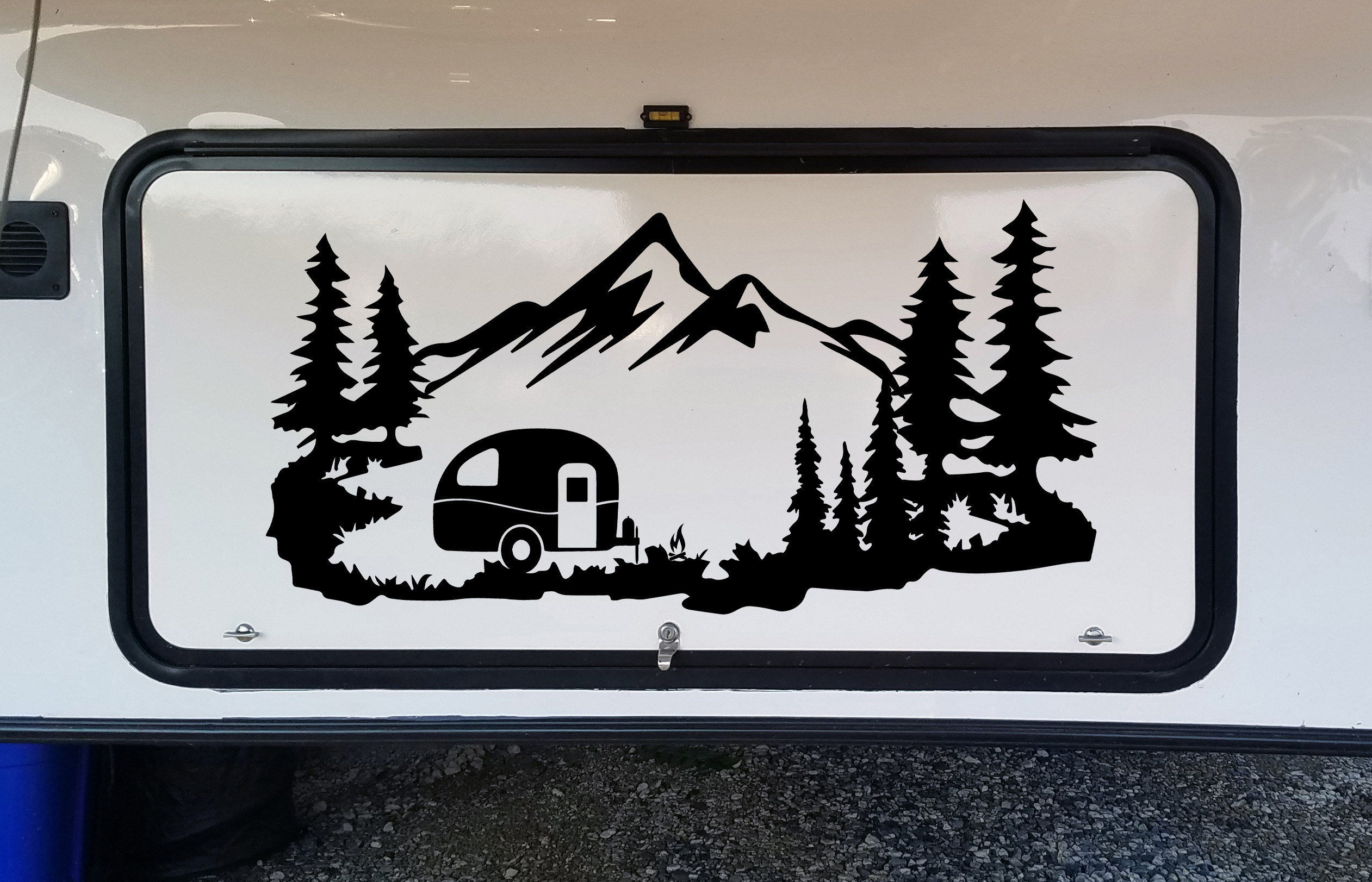Mountain Travel Trailer Scene V1 Vinyl Decal Camping Forest Die