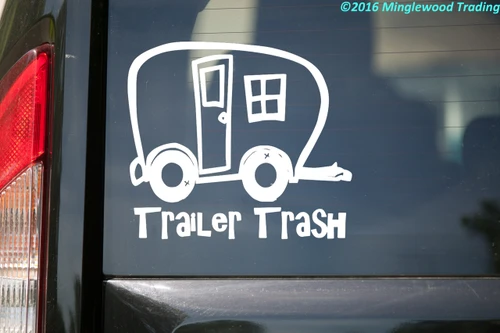 Trailer Trash vinyl decal featuring a whimsical travel trailer with funny camping lettering