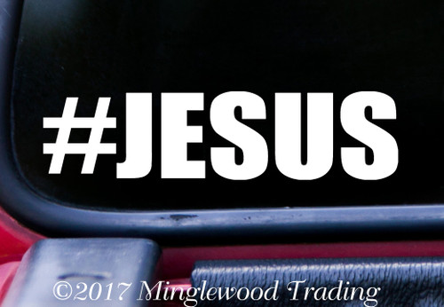 #JESUS vinyl sticker decal with bold hashtag typography applied to car window with minimalist Christian design
