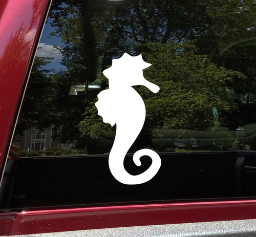 Seahorse vinyl decal featuring a solid marine silhouette with curled tail for boats kayaks vehicles and coastal decor