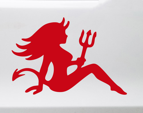 Mudflap Devil Girl vinyl decal featuring reclining female demon silhouette with horns, pointed tail and trident