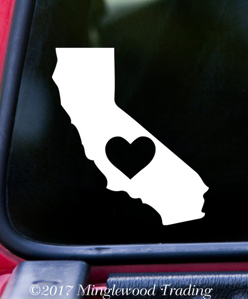 California state-shaped vinyl decal with a heart in the middle on a window - ideal I Love California decal and California heart sticker