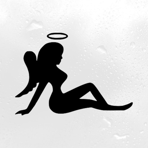 Mudflap Angel Girl vinyl decal featuring reclining female silhouette with angel wings and halo