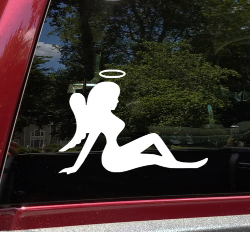 Mudflap Angel Girl vinyl decal featuring reclining female silhouette with angel wings and halo