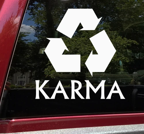 Karma vinyl decal featuring a three-arrow recycling symbol above KARMA lettering
