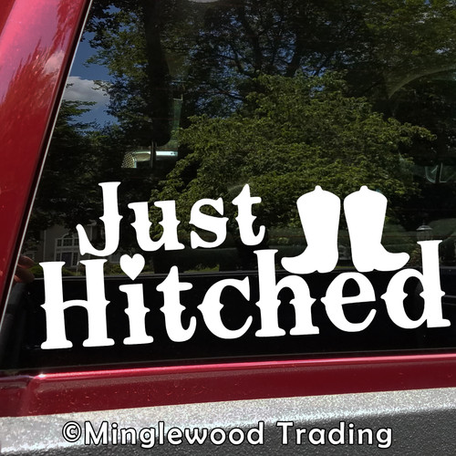 Just Hitched vinyl decal with cowboy boots and heart for western country wedding getaway car decoration