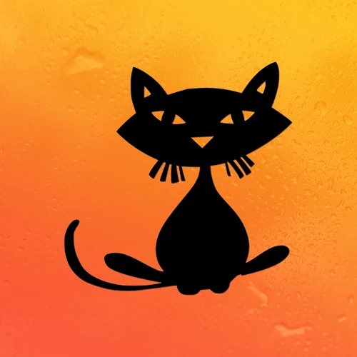Whimsical Halloween Cat vinyl decal with pointed ears, geometric face, long whiskers and curved tail