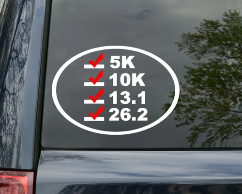 Runner checklist vinyl decal with 5K 10K 13.1 half marathon and 26.2 full marathon distances with red checkmarks