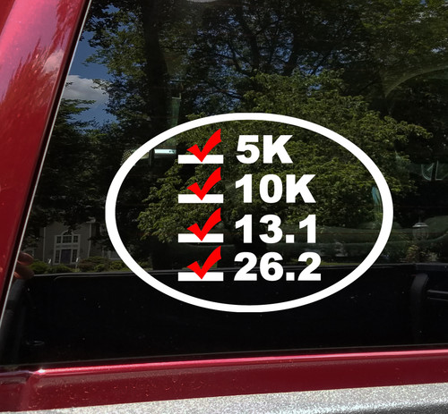 Runner checklist vinyl decal with 5K 10K 13.1 half marathon and 26.2 full marathon distances with red checkmarks