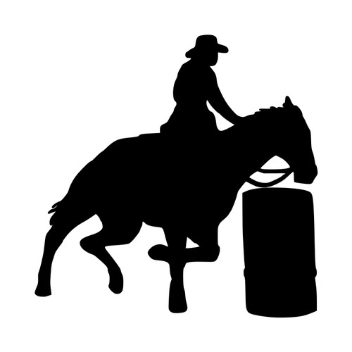 Barrel Racer vinyl decal with cowgirl riding horse around barrel for rodeo and horse trailer applications
