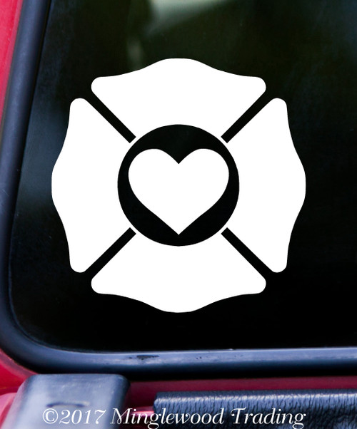 Firefighter Love Vinyl Decal - Maltese Cross Heart Fire Dept Support - Die Cut Sticker