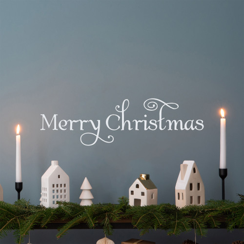 Merry Christmas vinyl decal in Albemarle Swash font for holiday windows storefronts glass doors and seasonal displays