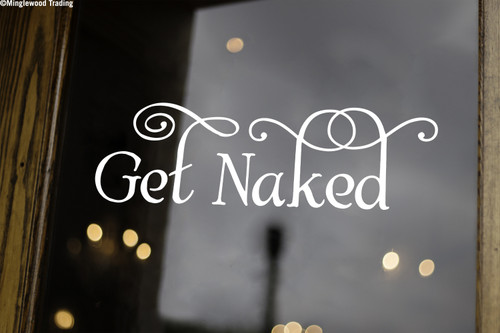 Get Naked Albemarle Swash vinyl decal with decorative flourishes for bathroom mirror shower door or wall