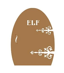 Elf Door vinyl decal with decorative hinges and ELF lettering for Christmas holiday decorating