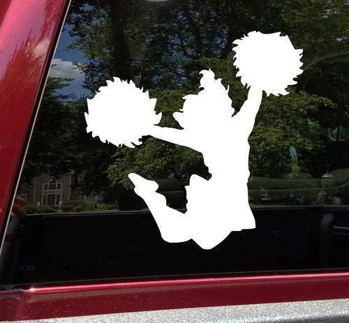 Jumping cheerleader silhouette vinyl decal with pom poms for team spirit cars windows lockers and signs