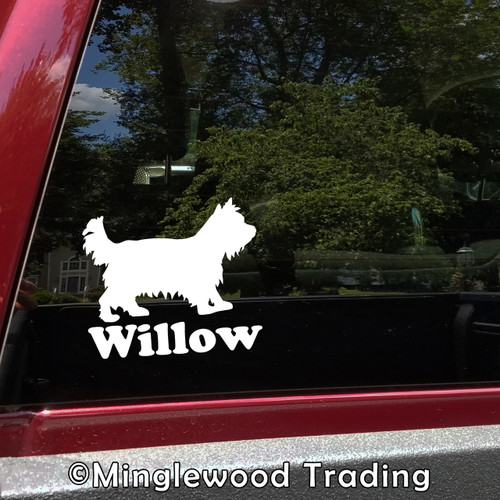 Personalized Yorkshire Terrier Yorkie vinyl decal with custom dog name and full-body silhouette