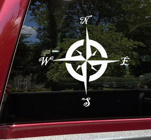 Compass rose vinyl decal with decorative north south east west directional lettering