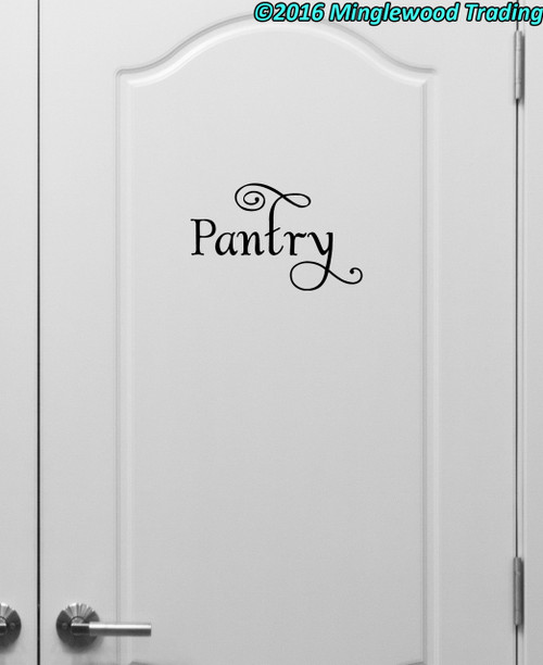 Pantry vinyl decal in decorative Albemarle Swash font for kitchen doors storage containers and cabinets