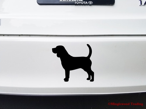 Beagle hunting hound standing silhouette vinyl decal on white vehicle, available in eight sizes from a 4-pack of 2.5 x 2.25 inches to 25 x 22.5 inches with standard or mirrored orientation
