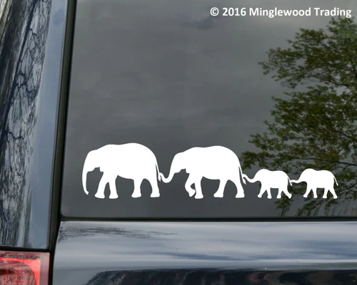 Elephant family vinyl decal featuring four African elephant silhouettes traveling together in a herd