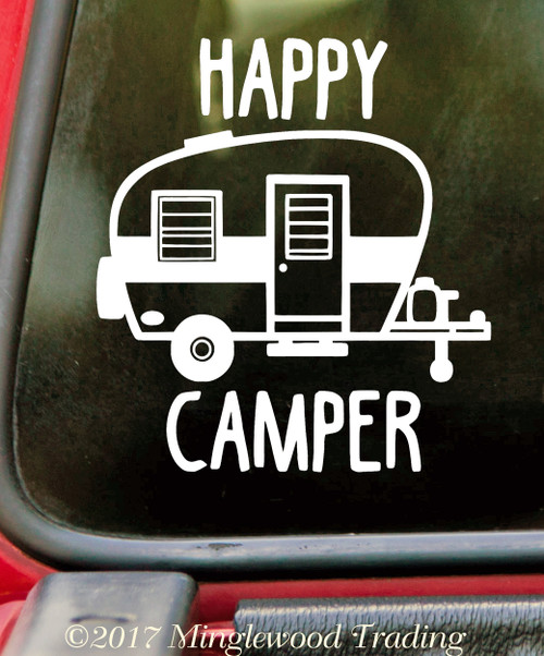 Happy Camper vinyl decal with classic travel trailer for RV camping decor
