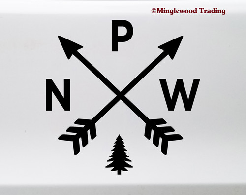 PNW arrows vinyl sticker decal featuring crossed arrows pine tree and Pacific Northwest outdoor adventure design