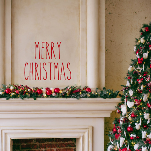 Merry Christmas vinyl decal with tall skinny handwritten lettering arranged in two lines for holiday doors and windows