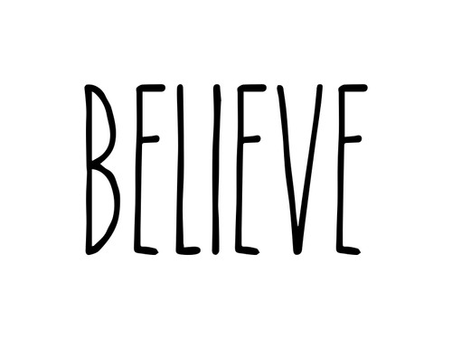 Believe Christmas vinyl decal with tall skinny farmhouse style lettering displayed on glass window