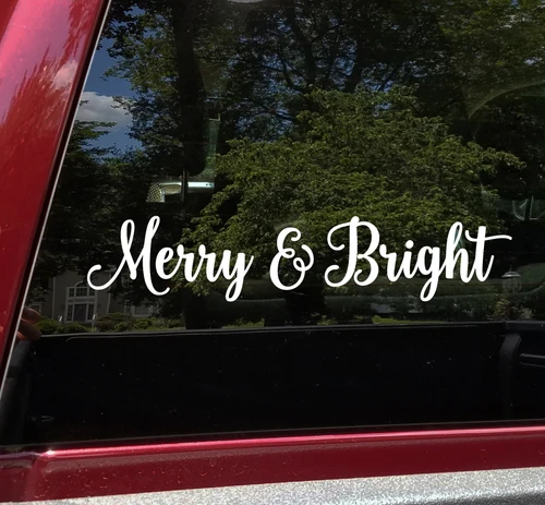Merry and Bright Christmas horizontal script lettering vinyl decal displayed on front door for holiday decorating