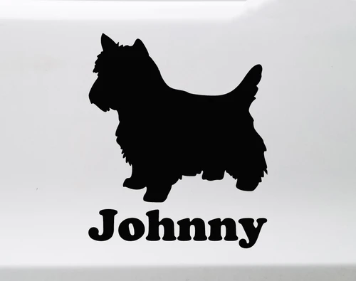 Cairn Terrier personalized name vinyl decal with standing dog silhouette and mirror option