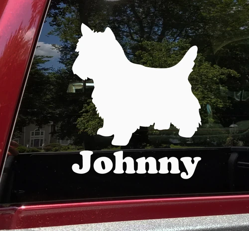 Cairn Terrier personalized name vinyl decal with standing dog silhouette and mirror option