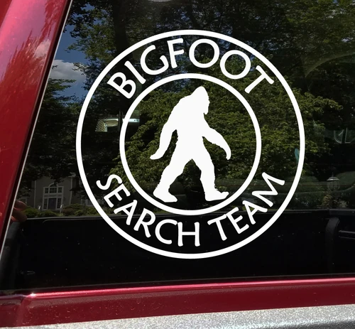 Bigfoot Search Team Sasquatch vinyl decal featuring walking Bigfoot silhouette inside circular double ring emblem with Bigfoot Search Team lettering