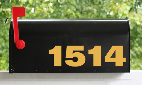 set of two 3.25"h x 12"w HOA Mailbox Numbers in Gold - Vinyl Decals - Sequel Sans - Die Cut Stickers