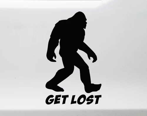 Bigfoot Get Lost vinyl decal featuring walking Sasquatch silhouette above bold GET LOST lettering for RV camper truck and vehicle windows