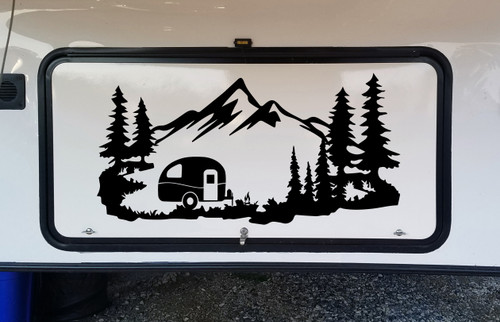 Mountain Travel Trailer Scene V1 Vinyl Decal - Camping - Forest - Die Cut Sticker
