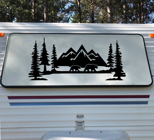 Mountains Bears Forest Scene Vinyl Decal V2 - Camper RV Travel Trailer Graphics 4x4 - Die Cut Sticker