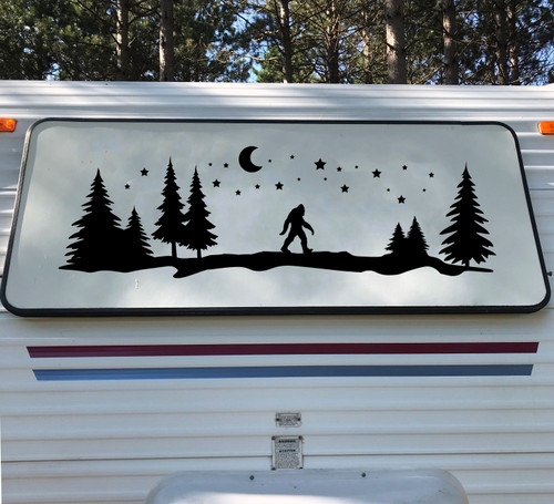 Bigfoot Moon Trees Scene Vinyl Decal V2 - Forest PNW Camper RV Travel Trailer Graphics - Die Cut Sticker
