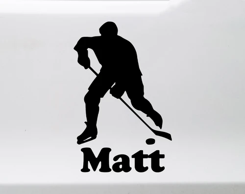 Personalized ice hockey player silhouette vinyl decal with hockey stick, puck and custom name beneath the design, available in nine sizes from 3 x 4.5 inches to 20 x 30 inches with mirror option and 12-character name personalization