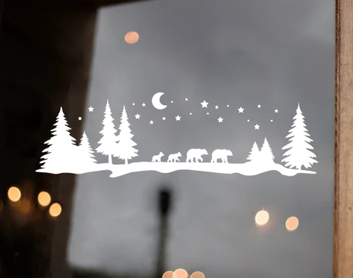 Bear Family Moon Stars Trees Scene Vinyl Decal - Forest Camper Graphics - Die Cut Sticker