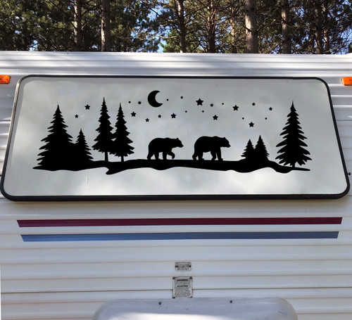 Bears Moon Stars Trees Scene Vinyl Decal - Forest Camper Graphics Mama Papa - Die Cut Sticker
