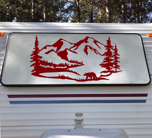 Bear Mountain Trees Scene Vinyl Decal V3 - Camper RV Graphics - Die Cut Sticker