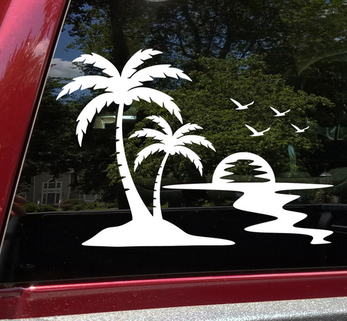 Palm Trees Beach Sunset Scene Vinyl Decal V1 - Camper Graphics Coast Travel - Die Cut Sticker
