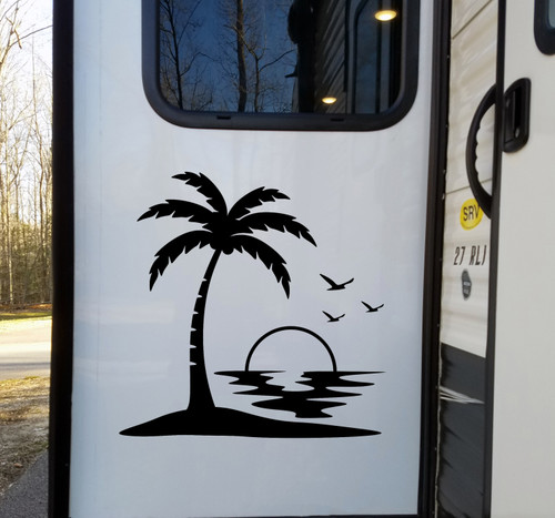 Palm Trees Beach Sunset Scene Vinyl Decal V2 - Camper Graphics Coast Travel - Die Cut Sticker