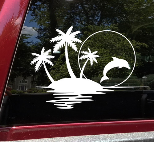 Palm Trees Dolphin Sunset Scene Vinyl Decal V1 - Beach Coast Travel - Die Cut Sticker
