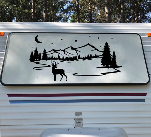 Deer Mountain Moon Stars Scene Vinyl Decal - RV Graphics Travel Trailer - Die Cut Sticker
